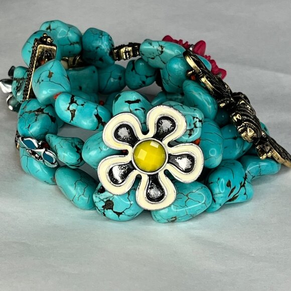 Lucky brand Turquoise Stone Chunky Bracelet With Bee & Flower Accents boho - Picture 4 of 8